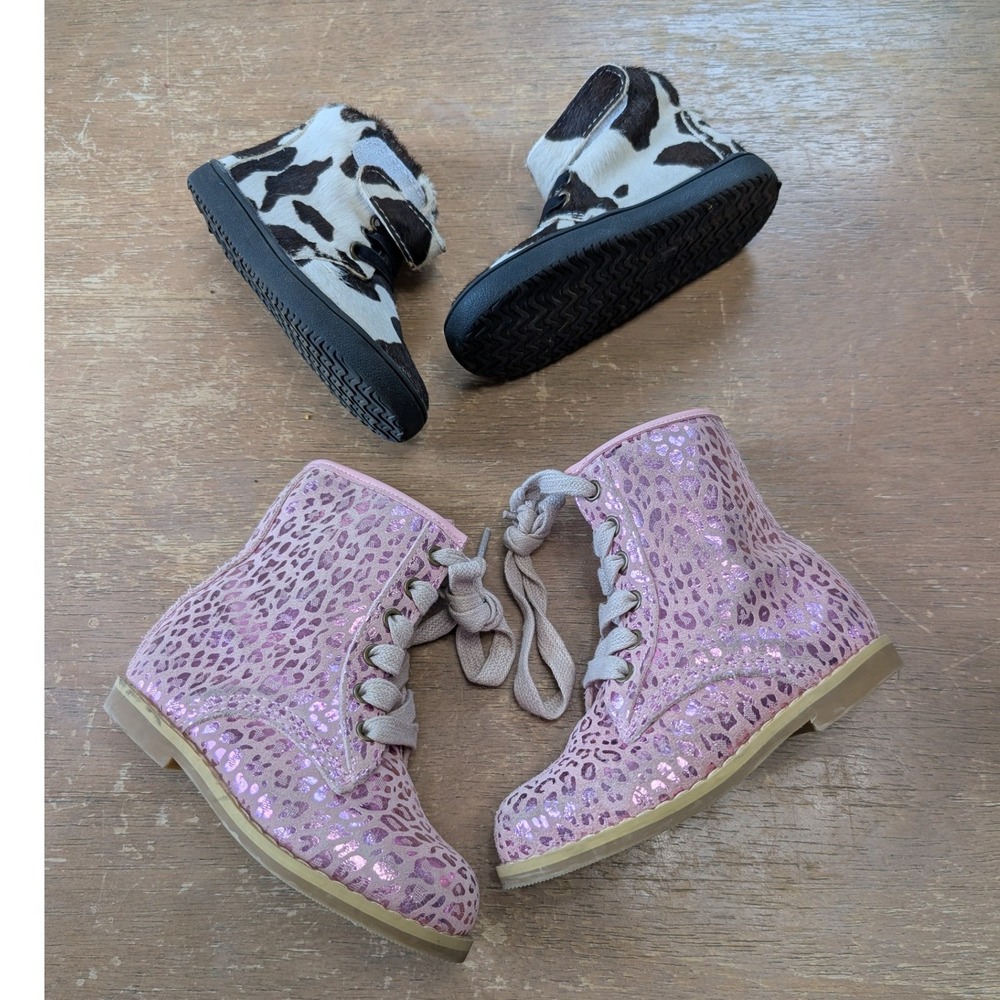 Monkey Feet Toddler Leather Boot Bundle Cow Print & Pink Metallic Leopard 18-24M
